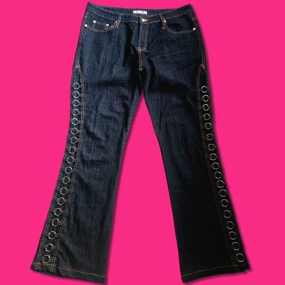 2 Hot Denim - Y2K Bootcut Jeans Dark Wash metal Rings Size XL Stretch Grunge Punk 2000s